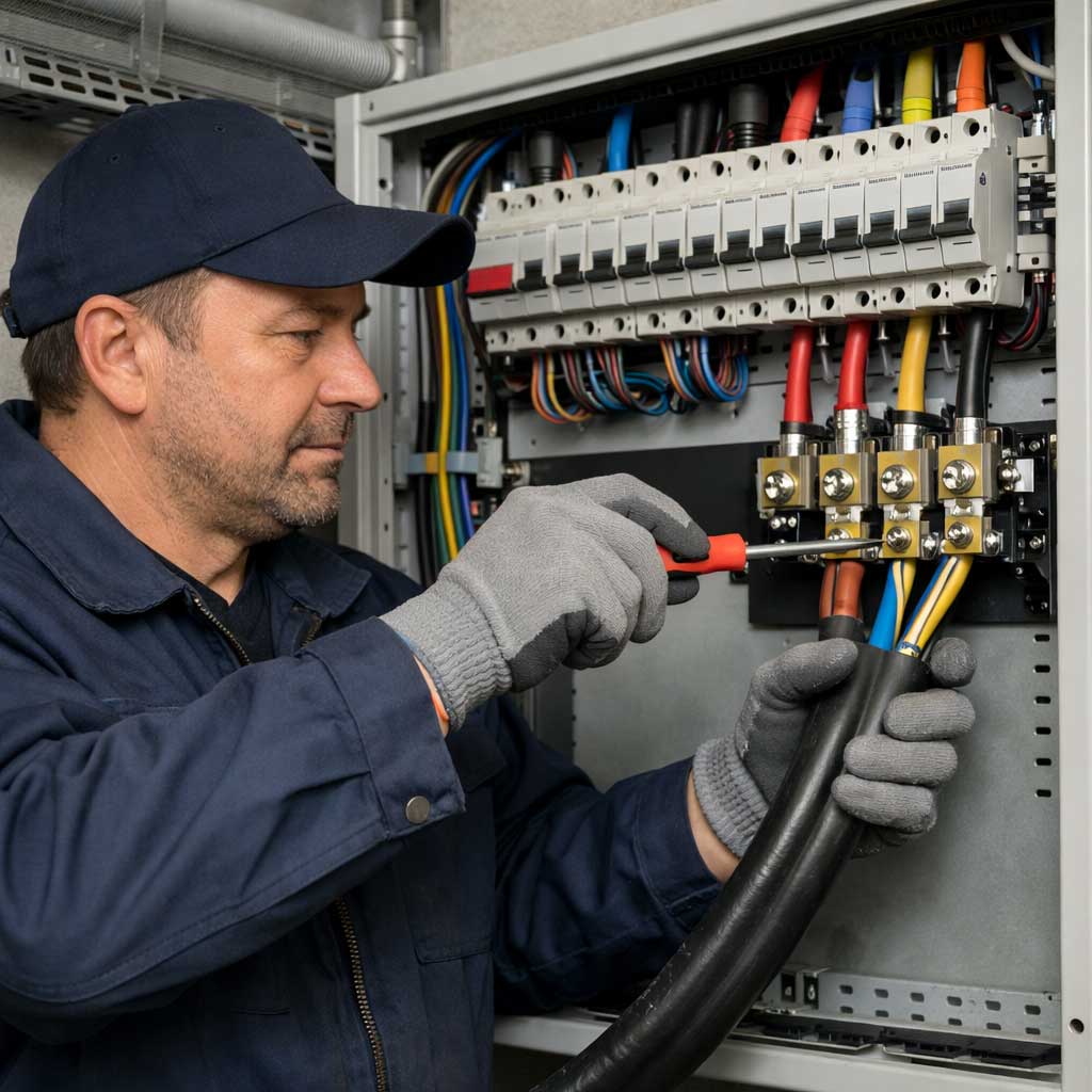 Electrician working on a consumer unit installation, using tools to connect electrical wires, showcasing professional electrical services by DB Electrical Services.