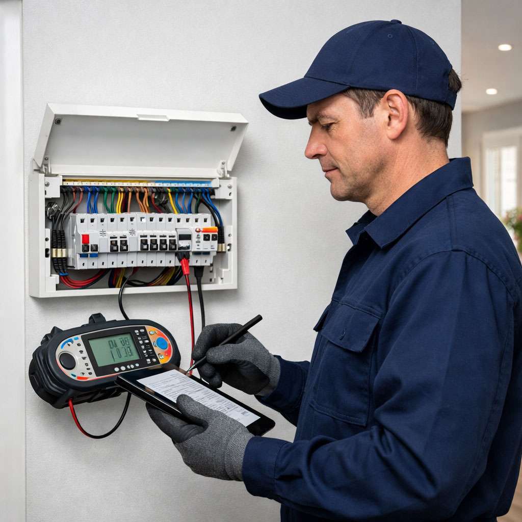 20260310_2219_Image-Generation_simple_compose_01kkc1tj1ffb4bh0jvevzbfvv0 Electrician performing EICR inspection on a fuse box, using testing equipment and taking notes in a residential setting, relevant to electrical safety services in Marlow.