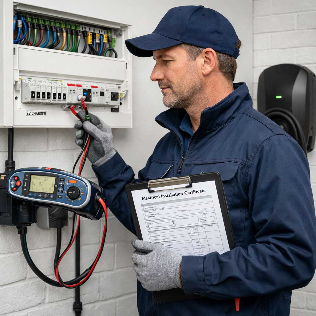 Electrician testing EV charger installation with multimeter and holding electrical installation certificate.