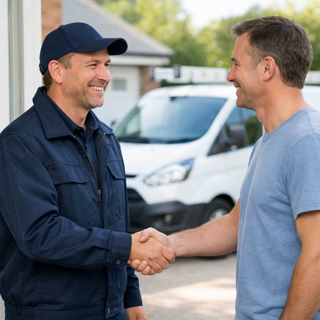 Electrician shaking hands with a homeowner outside, representing DB Electrics' electrical repair services in Berkshire.