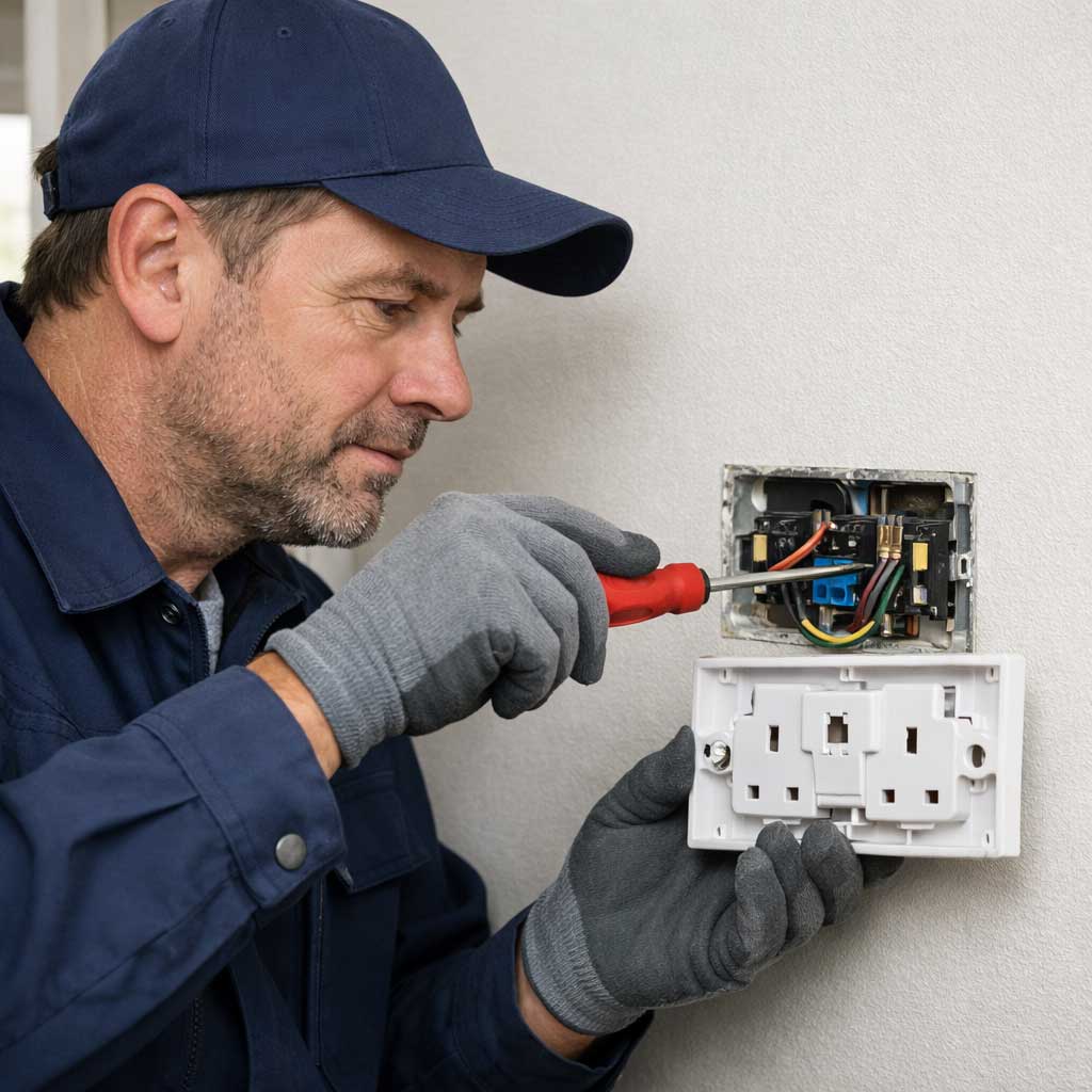 Electrician repairing a wall socket, focusing on electrical connections and safety, with tools in hand, illustrating socket and switch repair services in Maidenhead by DB Electrics.