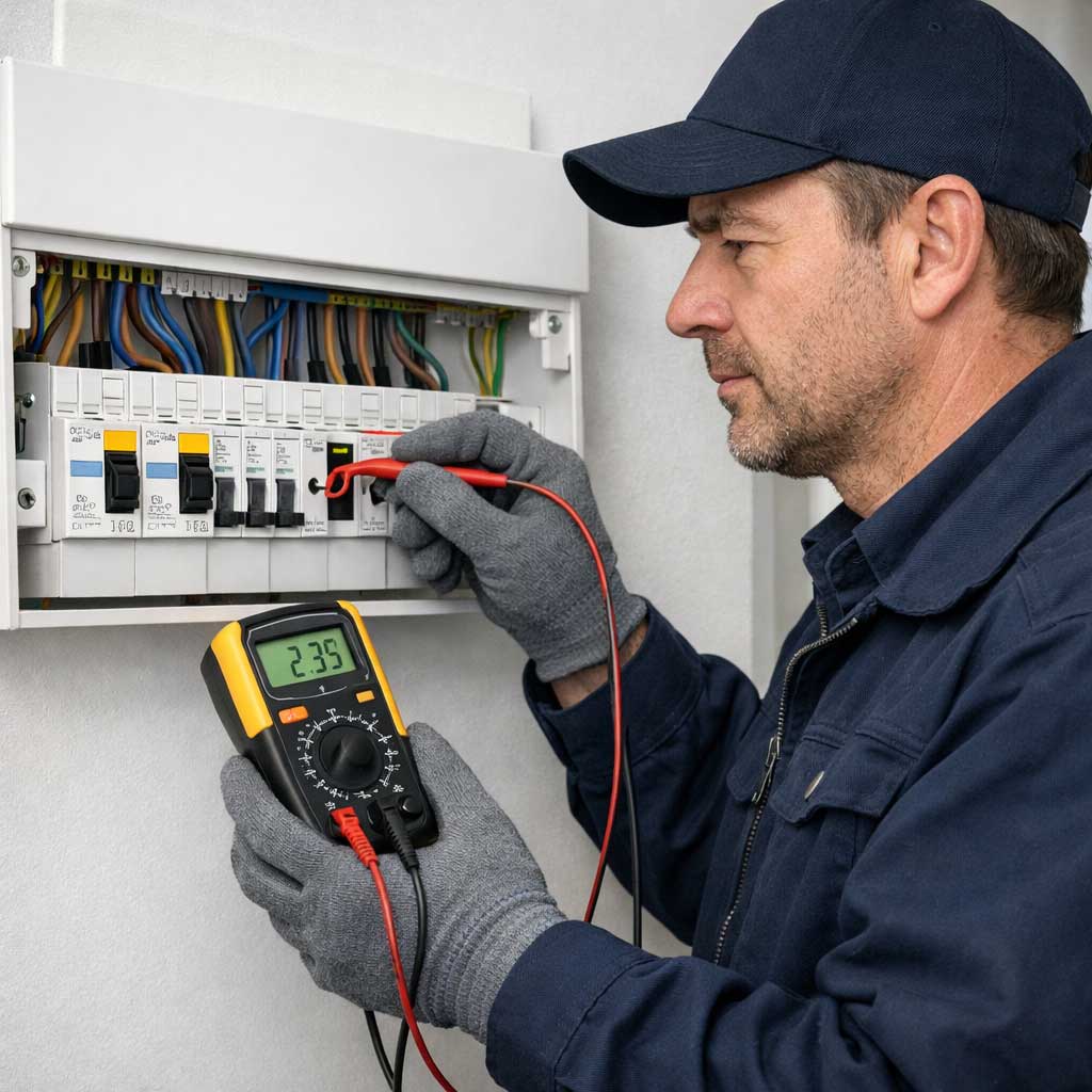 Electrician using a multimeter to test circuit breakers in a consumer unit, diagnosing electrical faults for DB Electrics in Maidenhead and Berkshire.