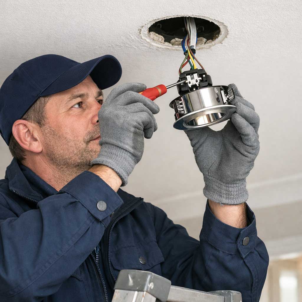 Electrician installing recessed lighting fixture in ceiling, ensuring safe electrical connections, relevant to socket and lighting repair services in Maidenhead by DB Electrics.