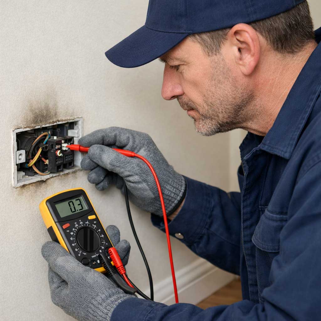 Electrician using a multimeter to diagnose electrical issues at a wall socket, inspecting wiring and connections for safety and repairs.