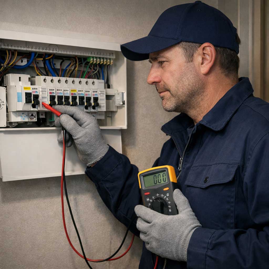 Electrician using a multimeter to diagnose electrical issues at a consumer unit, emphasizing safety and repair services by DB Electrics in Maidenhead.