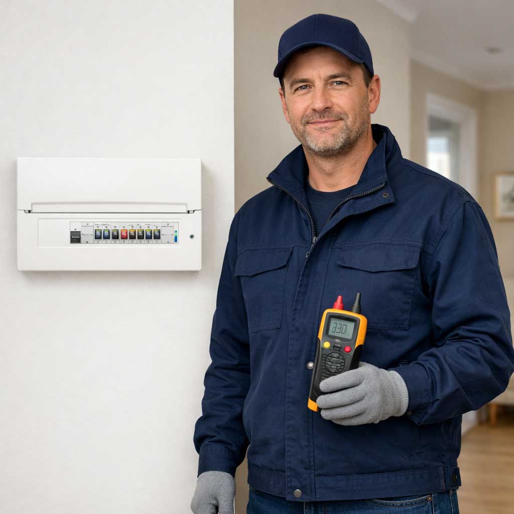 Electrician holding a multimeter in front of a fuse box, showcasing professional electrical services in a residential setting.