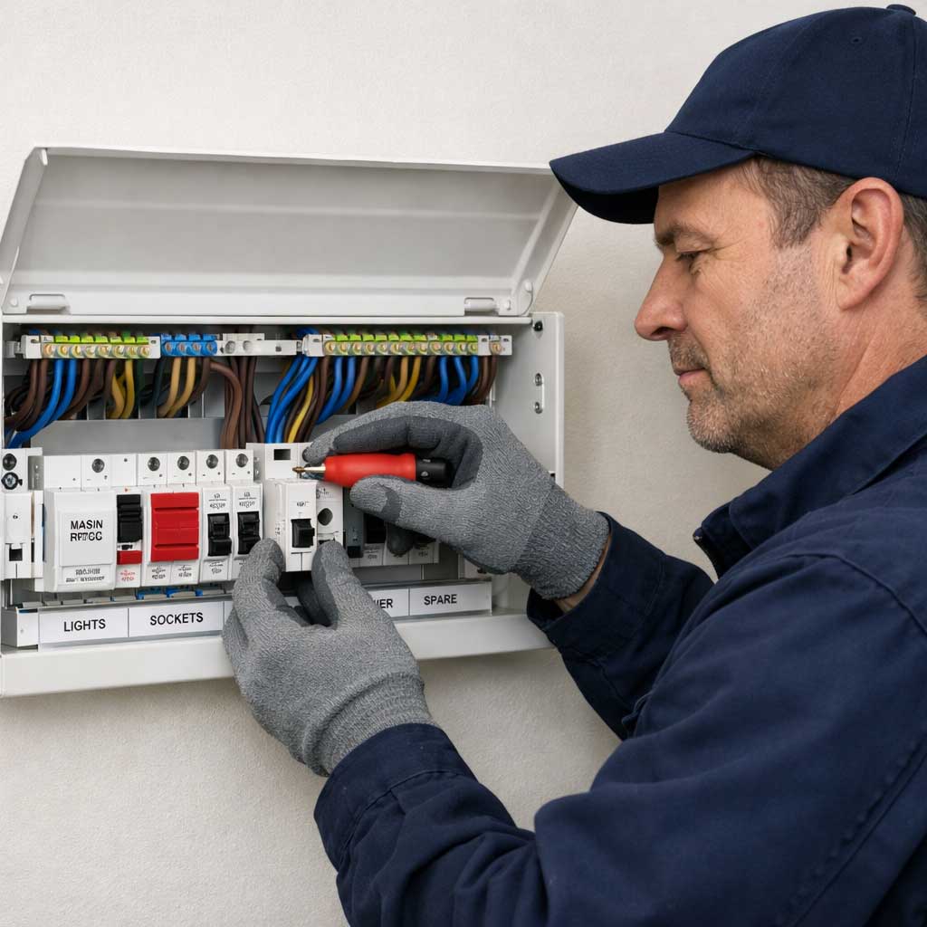 Electrician working on a modern consumer unit, changing a fuse with a screwdriver, showcasing RCD and circuit breaker components, emphasizing electrical safety and compliance with UK standards.