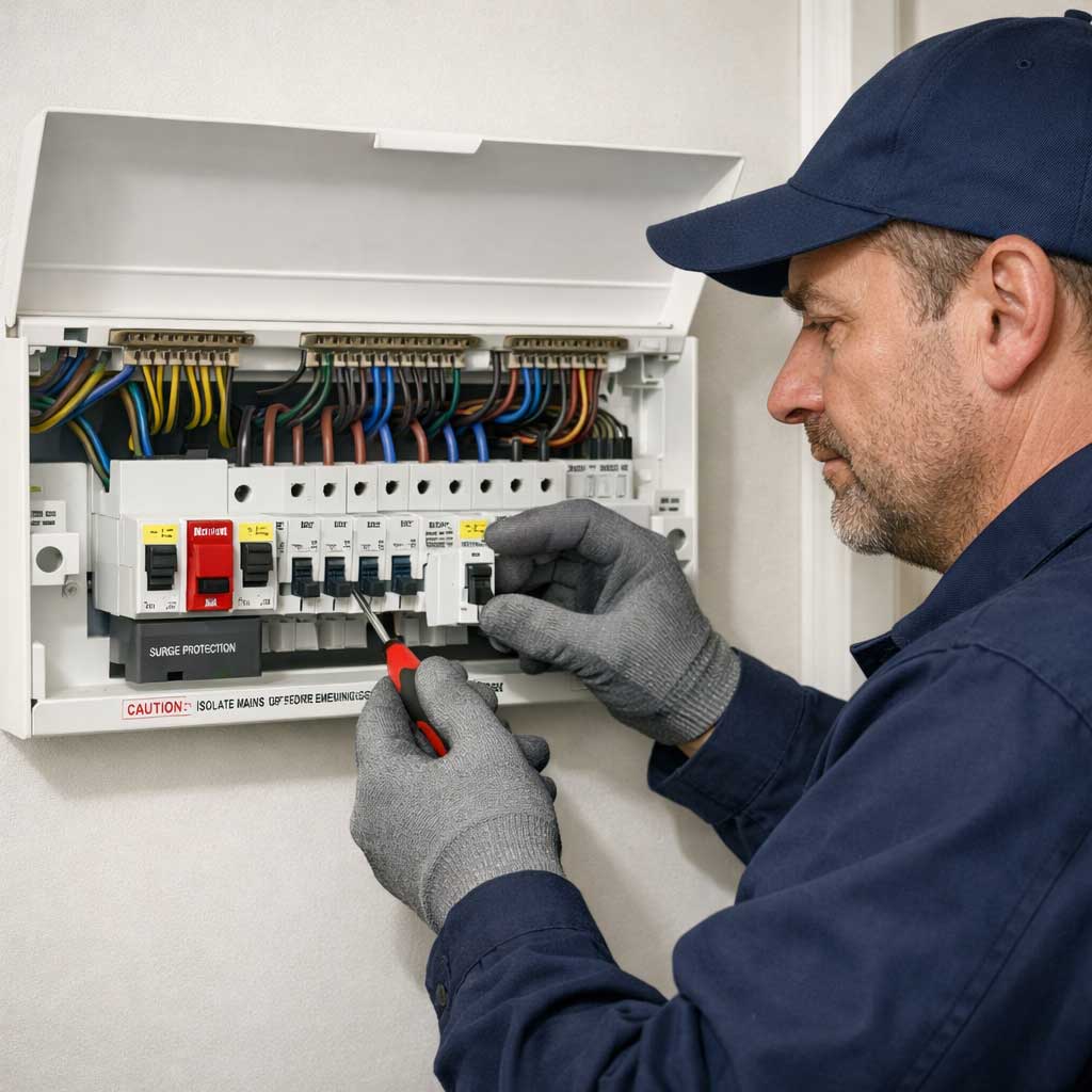 Electrician working on a modern consumer unit with surge protection and circuit breakers, demonstrating fuse board replacement services by DB Electrics in Maidenhead.