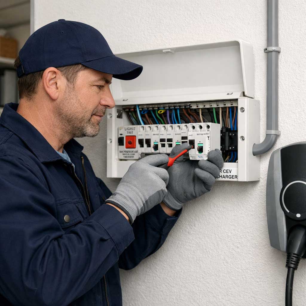Electrician working on a consumer unit, adjusting fuses for EV charger installation, ensuring safe electrical upgrades for homes and businesses.