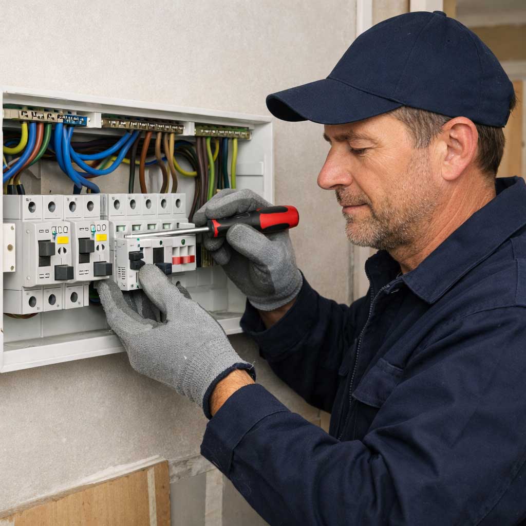 Electrician working on a consumer unit, changing a fuse with a screwdriver, showcasing electrical wiring and safety gloves, relevant to DB Electrics' services for fuse board replacements and consumer unit upgrades.