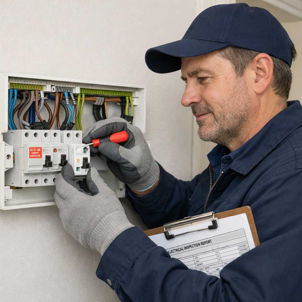Electrician replacing a fuse in a consumer unit, demonstrating compliance with electrical safety standards for rental properties.