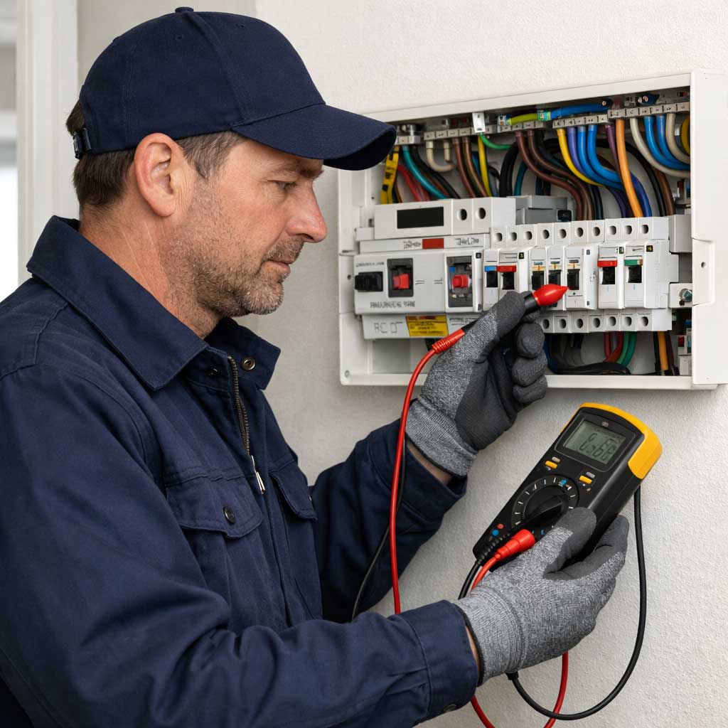 Electrician inspecting consumer unit with multimeter, checking fuses and circuit breakers for compliance and safety in rental properties.