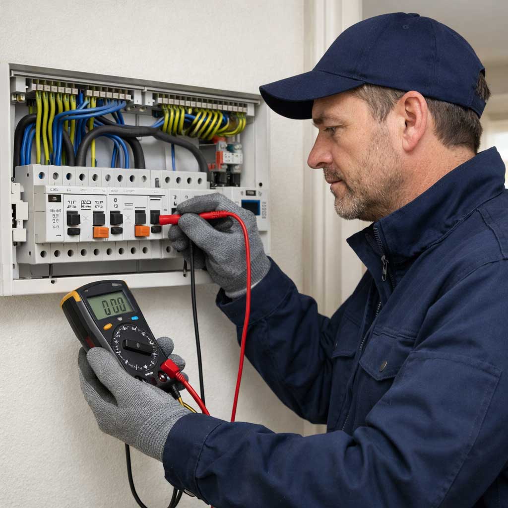Electrician testing a fuse on a consumer unit with a multimeter, illustrating electrical fault diagnosis and repair services by DB Electrics.