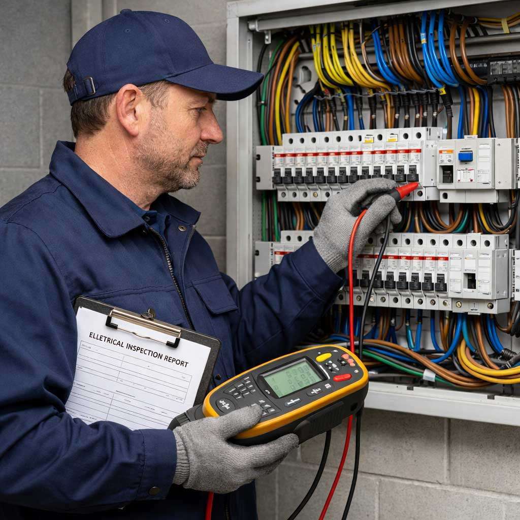 Electrician conducting EICR inspection, holding testing equipment and clipboard with "Electrical Inspection Report," examining electrical distribution board with colored wires.