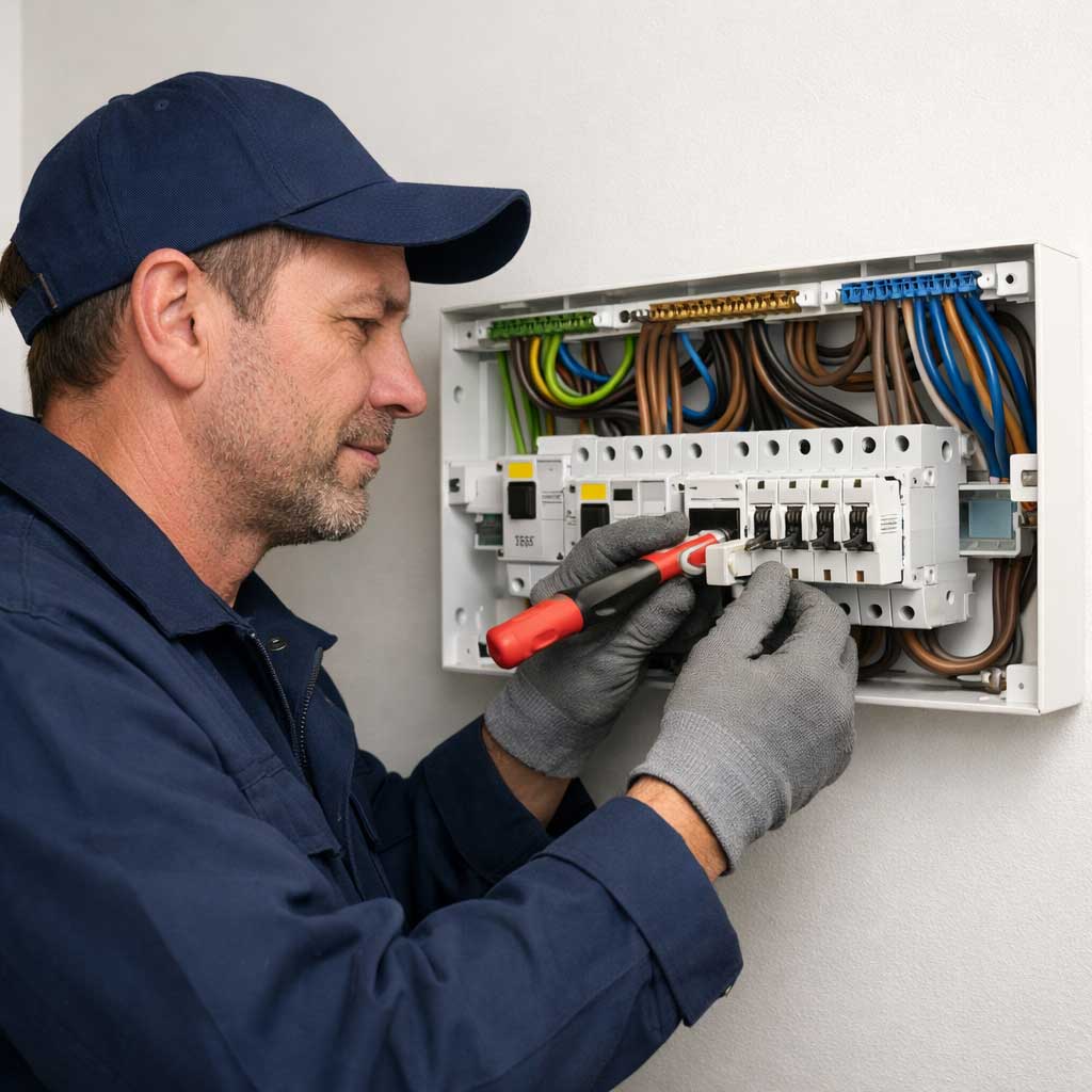 Electrician inspecting and maintaining a consumer unit during an EICR inspection, ensuring compliance with electrical safety standards.