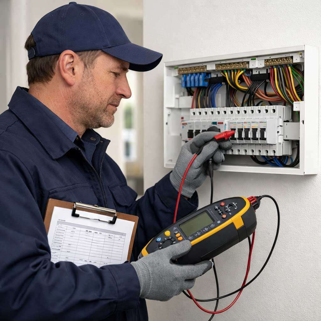 Electrician conducting an Electrical Installation Condition Report (EICR) inspection on a consumer unit, using a multimeter and clipboard for documentation, highlighting electrical safety and compliance checks.