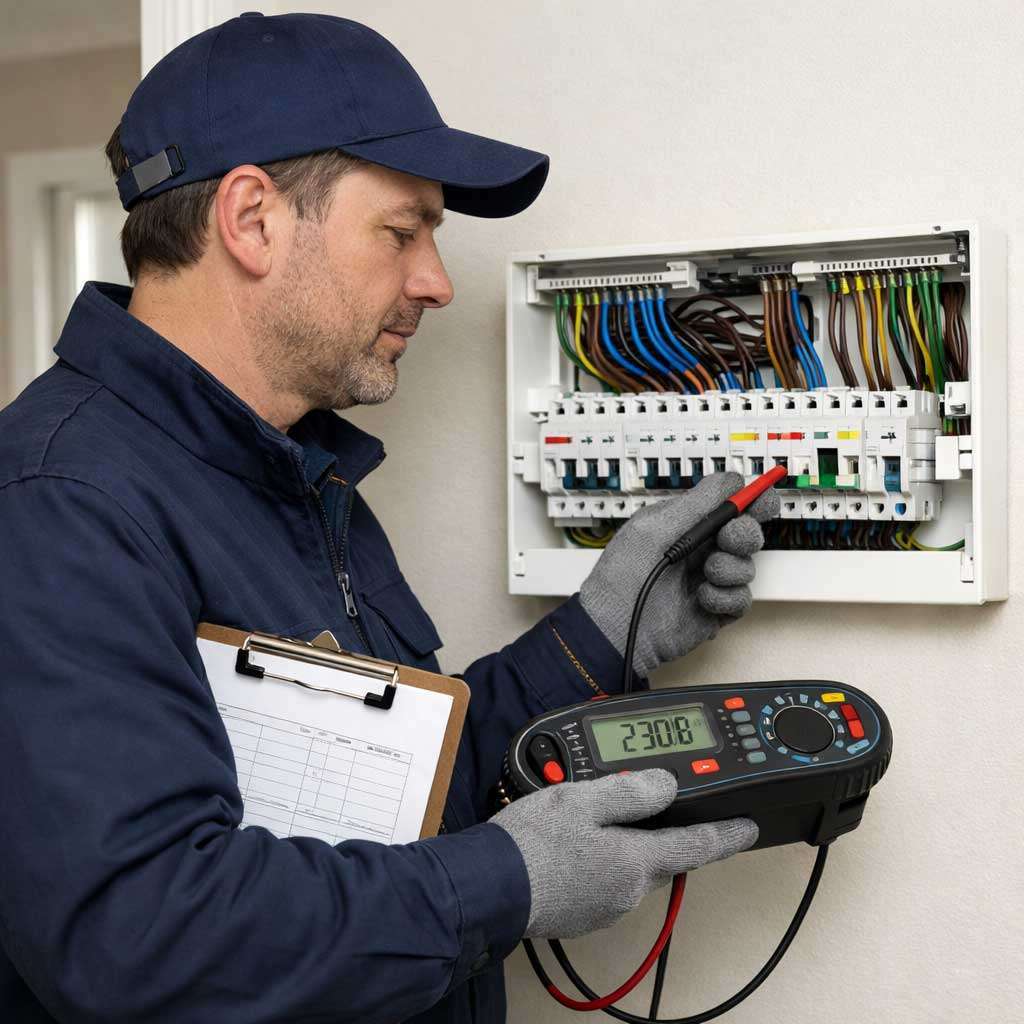 Electrician conducting EICR inspection on consumer unit, holding multimeter and clipboard, ensuring electrical safety compliance in residential property.