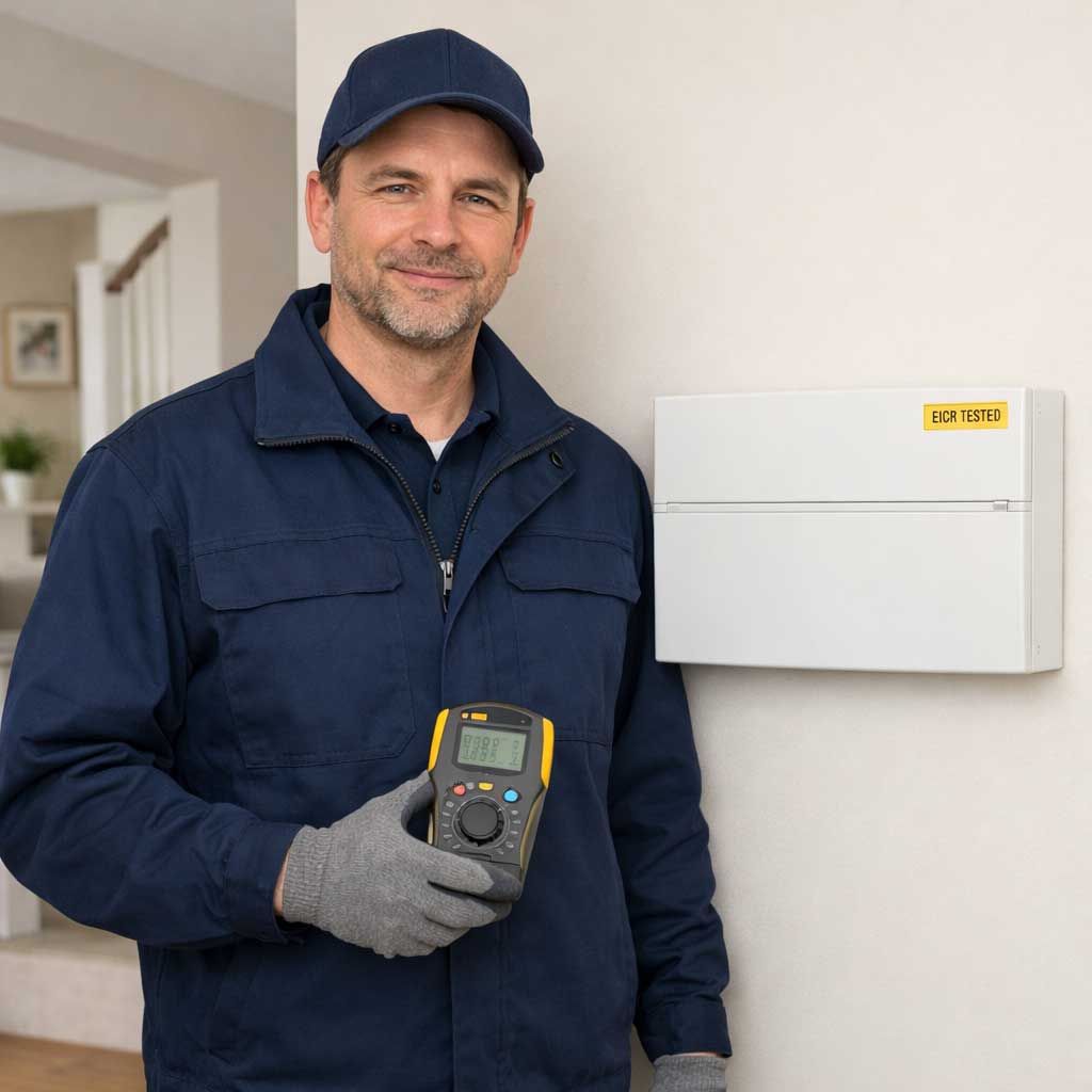 Electrician holding a testing device next to an EICR tested electrical box, showcasing EICR inspection services in a residential setting.