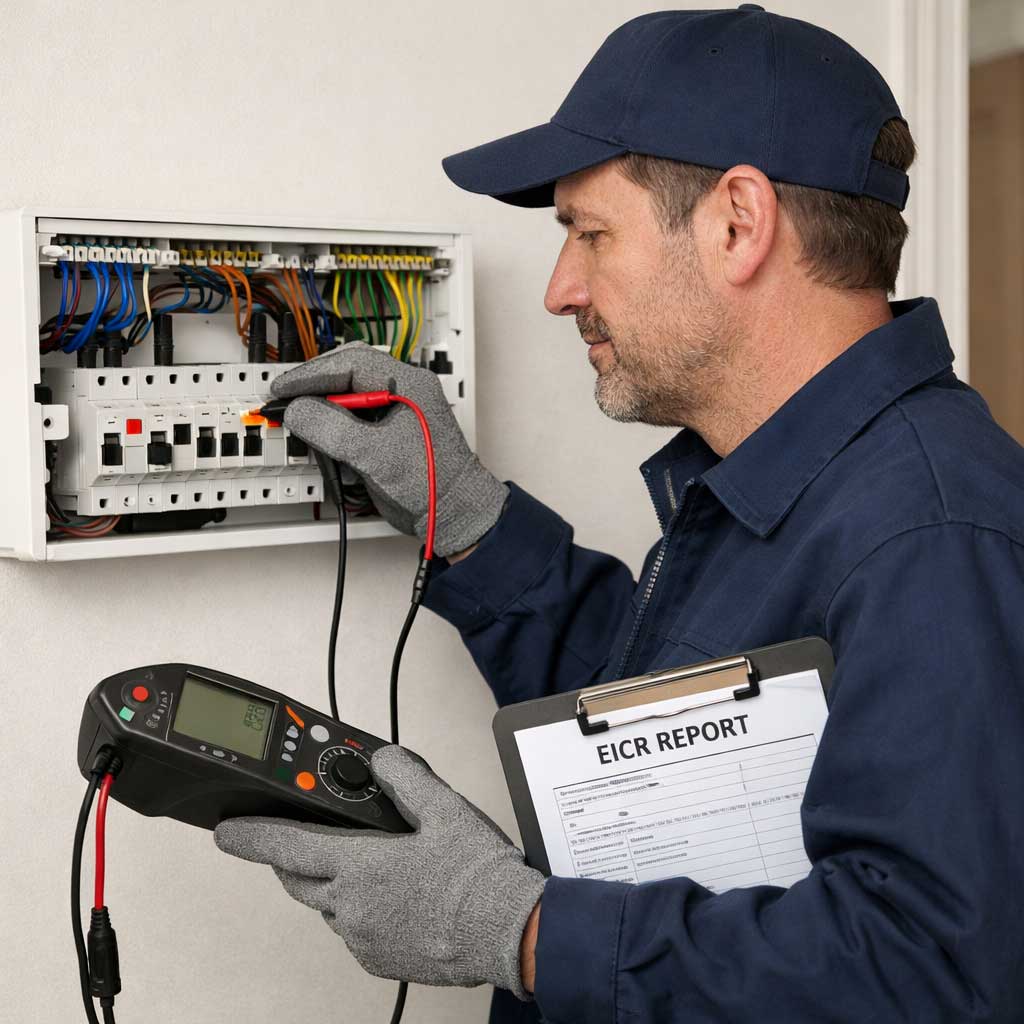 Electrician conducting EICR inspection on consumer unit with testing equipment and clipboard holding EICR report.