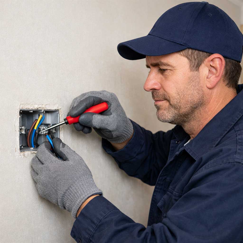 Electrician rewiring electrical connections in wall socket, wearing gloves and using tools, showcasing professional house rewiring services by DB Electrics.