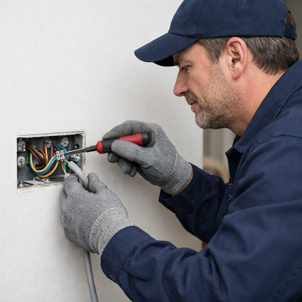 Electrician performing house rewiring, connecting electrical cables and circuits in a wall-mounted junction box, emphasizing professional electrical installation standards.
