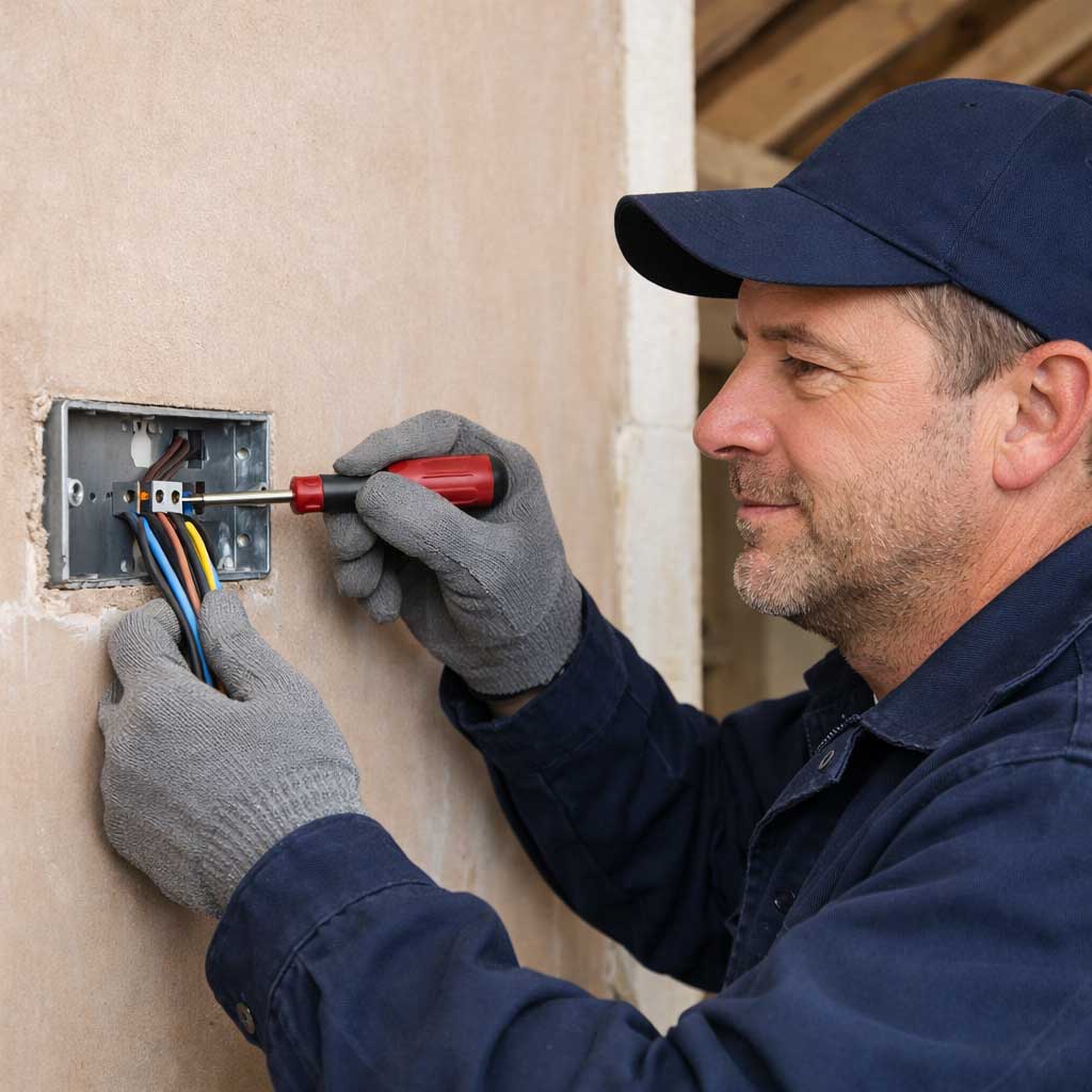 Electrician rewiring electrical circuit with screwdriver, wearing gloves, in home renovation setting.
