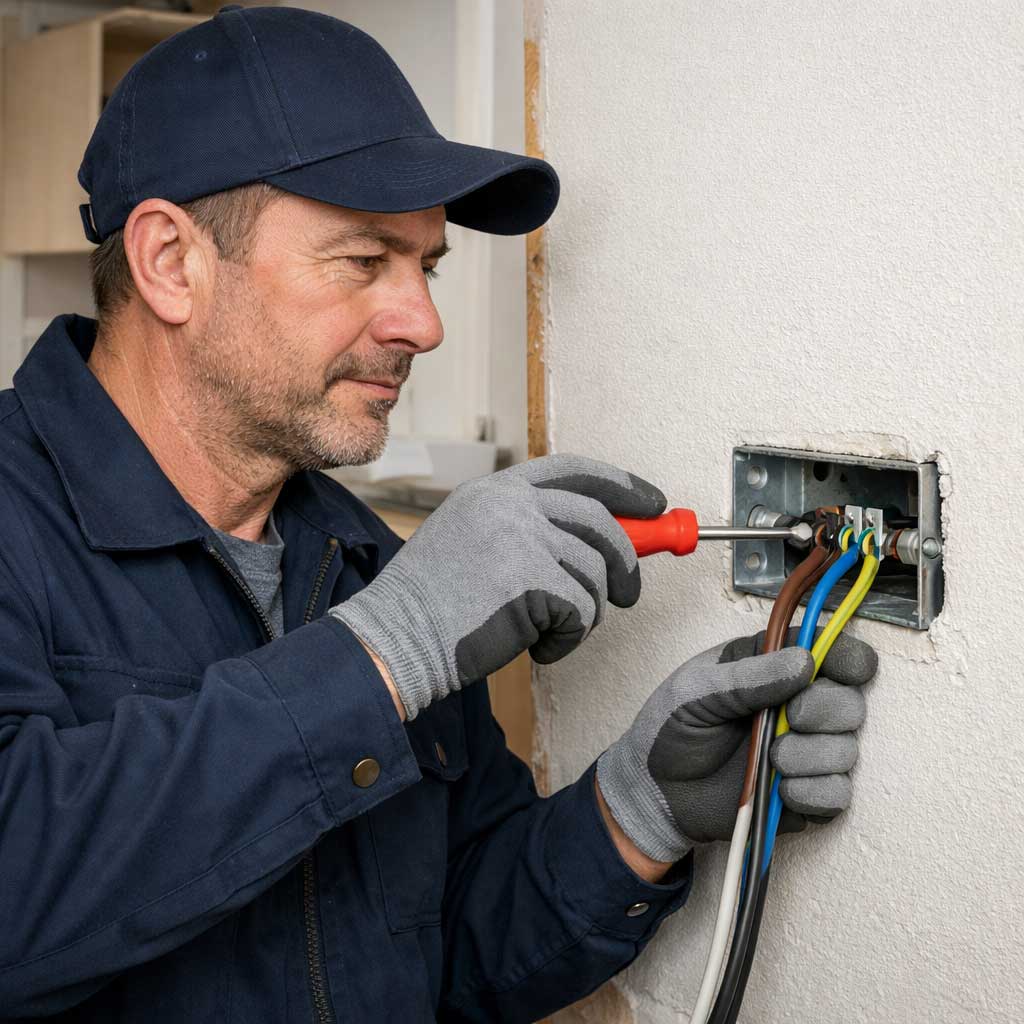 Electrician performing house rewiring, connecting electrical wires to a consumer unit, showcasing safety and compliance in electrical installations for home extensions and renovations.