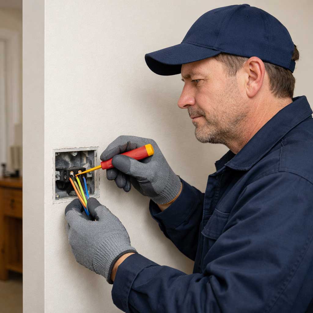 Electrician performing house rewiring, connecting colored wires in electrical box, ensuring compliance with safety standards for rental properties in Maidenhead and Berkshire.