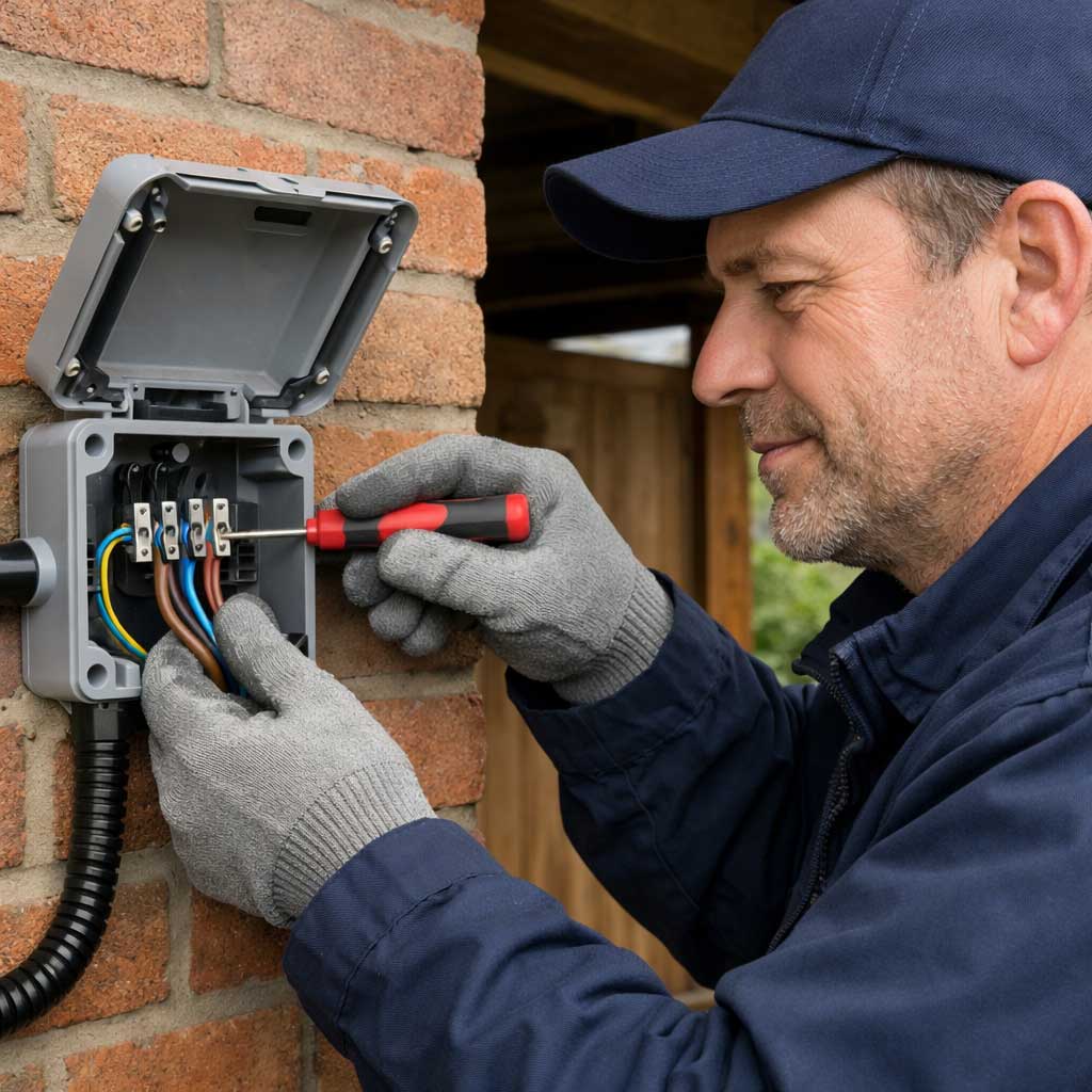 Electrician working on outdoor electrical wiring installation, adjusting connections in a weatherproof junction box on brick wall, emphasizing safety and compliance for modern electrical standards in residential properties.
