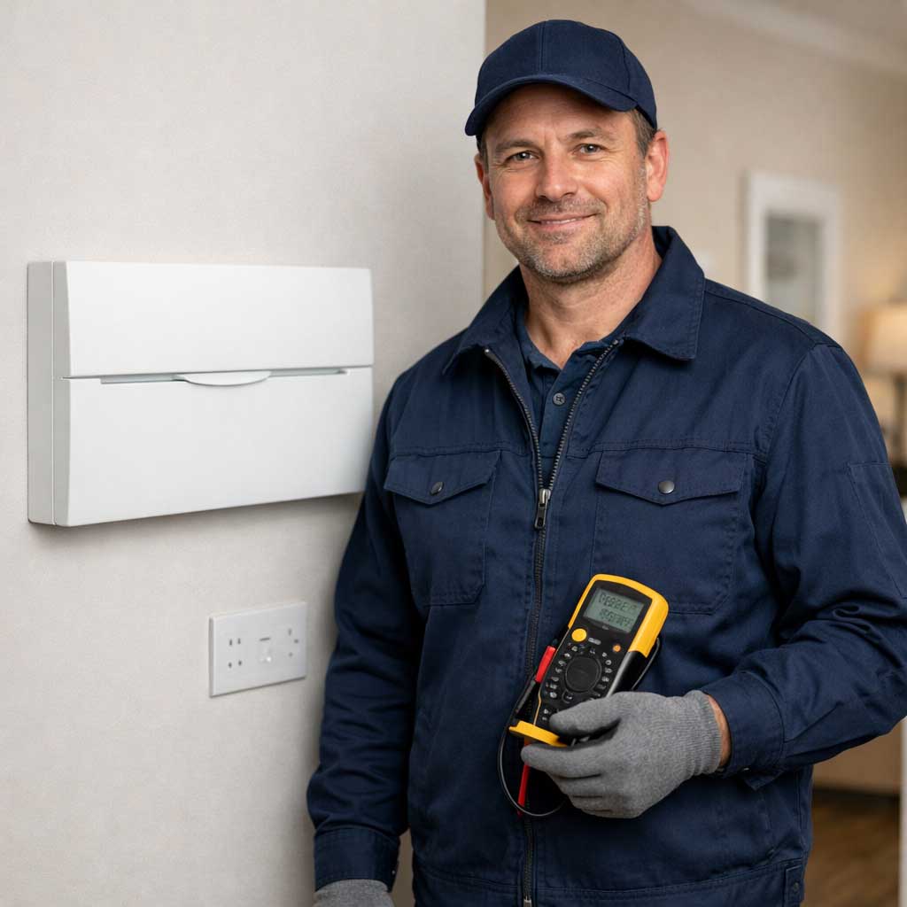Electrician holding a multimeter next to a wall-mounted electrical panel in a residential setting, illustrating professional house rewiring services in Maidenhead and Berkshire.
