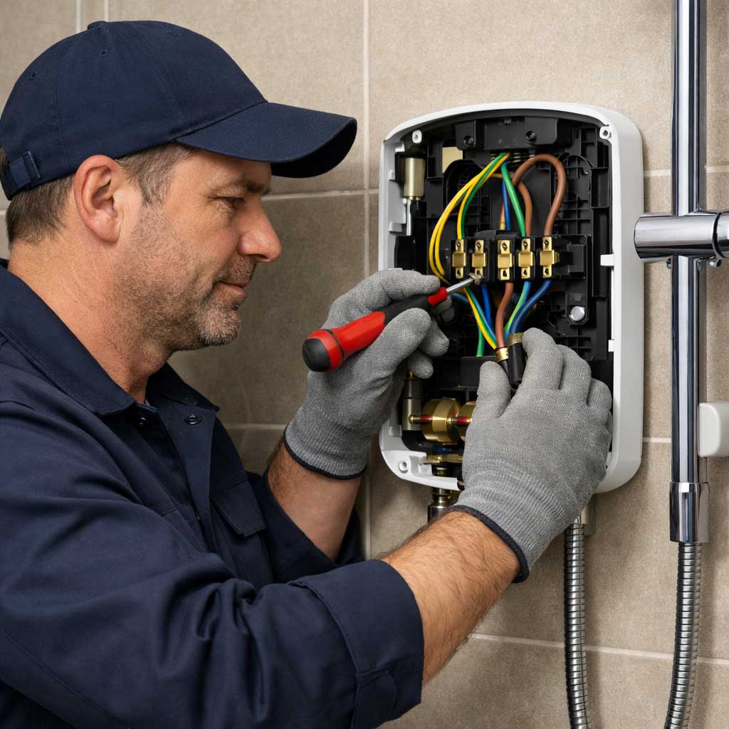 Electrician installing electric shower fuse box with tools in residential setting, ensuring safe and compliant connection for electric shower installations in Maidenhead.