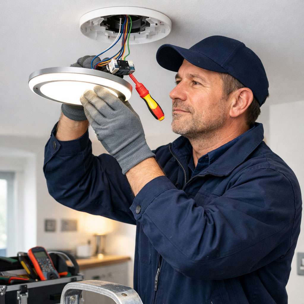 20260311_0035_Image-Generation_simple_compose_01kkc9kyazeanbdjmjxsy0cxnb Electrician installing modern ceiling light fixture, showcasing electrical installation expertise in residential setting.