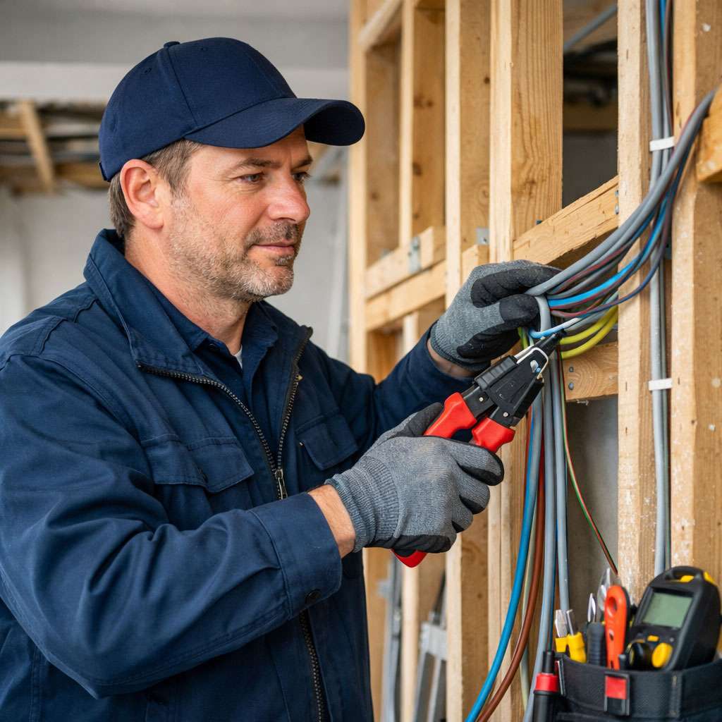 20260311_0027_Electrician-at-Work_simple_compose_01kkc94vhwfnztqtpezx1ks14r Electrician installing wiring in a residential setting, showcasing tools and cables, emphasizing electrical repairs and installations in Marlow.