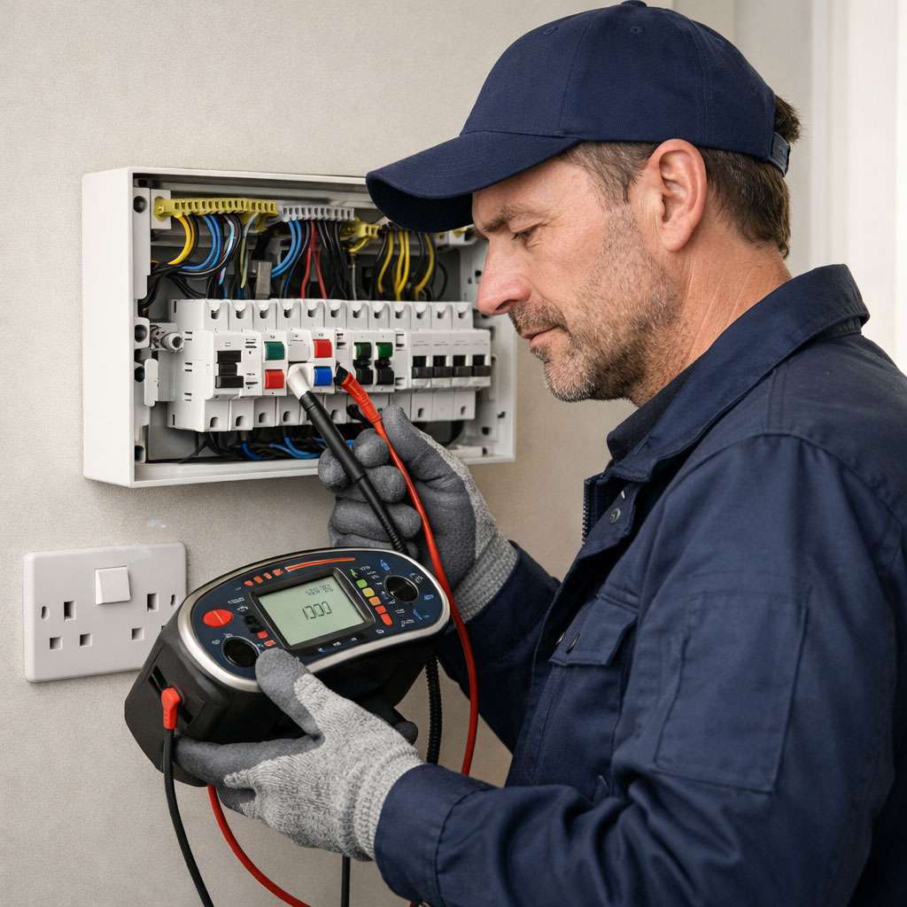 20260311_0024_Image-Generation_simple_compose_01kkc8zga5f0yre51ey2msrk70 Electrician in blue apparel using testing equipment on a fuse box, illustrating electrical repairs and diagnostics in Marlow.