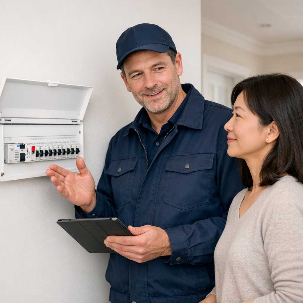 Electrician explaining fuse board replacement to homeowner, showcasing modern consumer unit installation in residential setting.