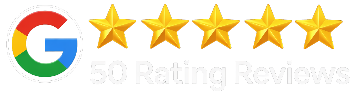Google logo with five golden stars and text indicating "50 Rating Reviews," highlighting customer satisfaction for DB Electrical Services in Marlow.