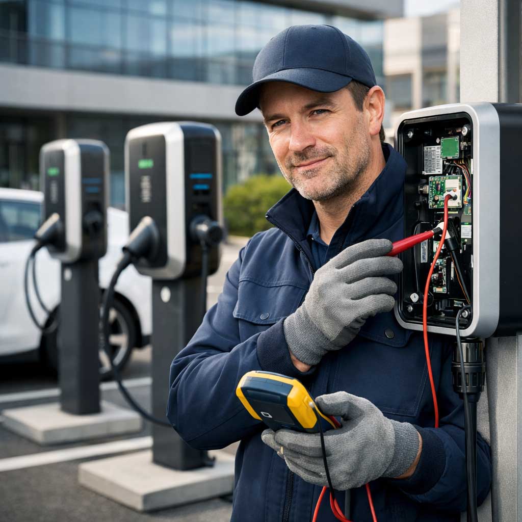 Technician servicing commercial EV charging station, wearing gloves and holding testing equipment, with additional chargers visible in background.