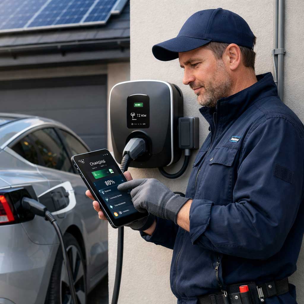 Technician installing smart EV charger, monitoring charging status on tablet, solar panels in background, emphasizing professional EV charging solutions by DB Electrical Services.