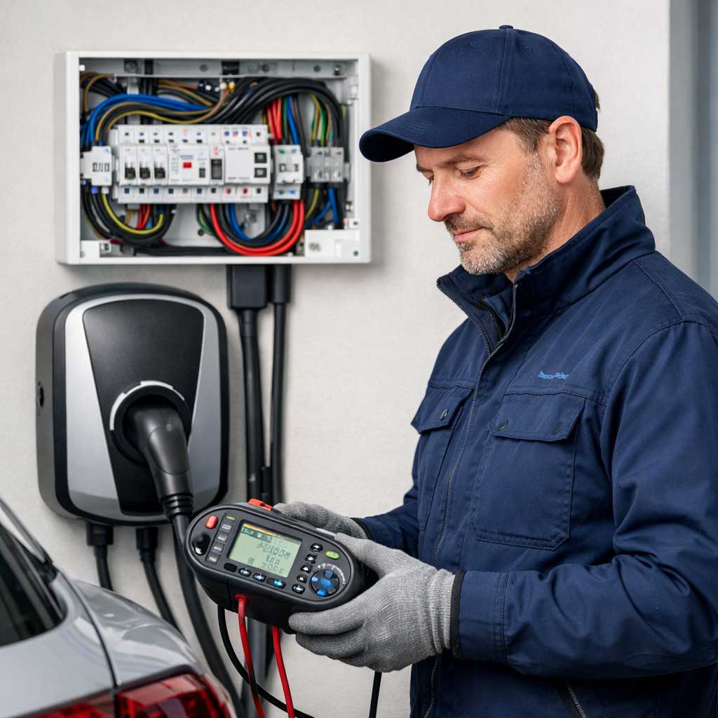 Electrician testing EV charger installation with diagnostic tool, smart EV charger mounted on wall, consumer unit in background, showcasing professional installation services by DB Electrical.