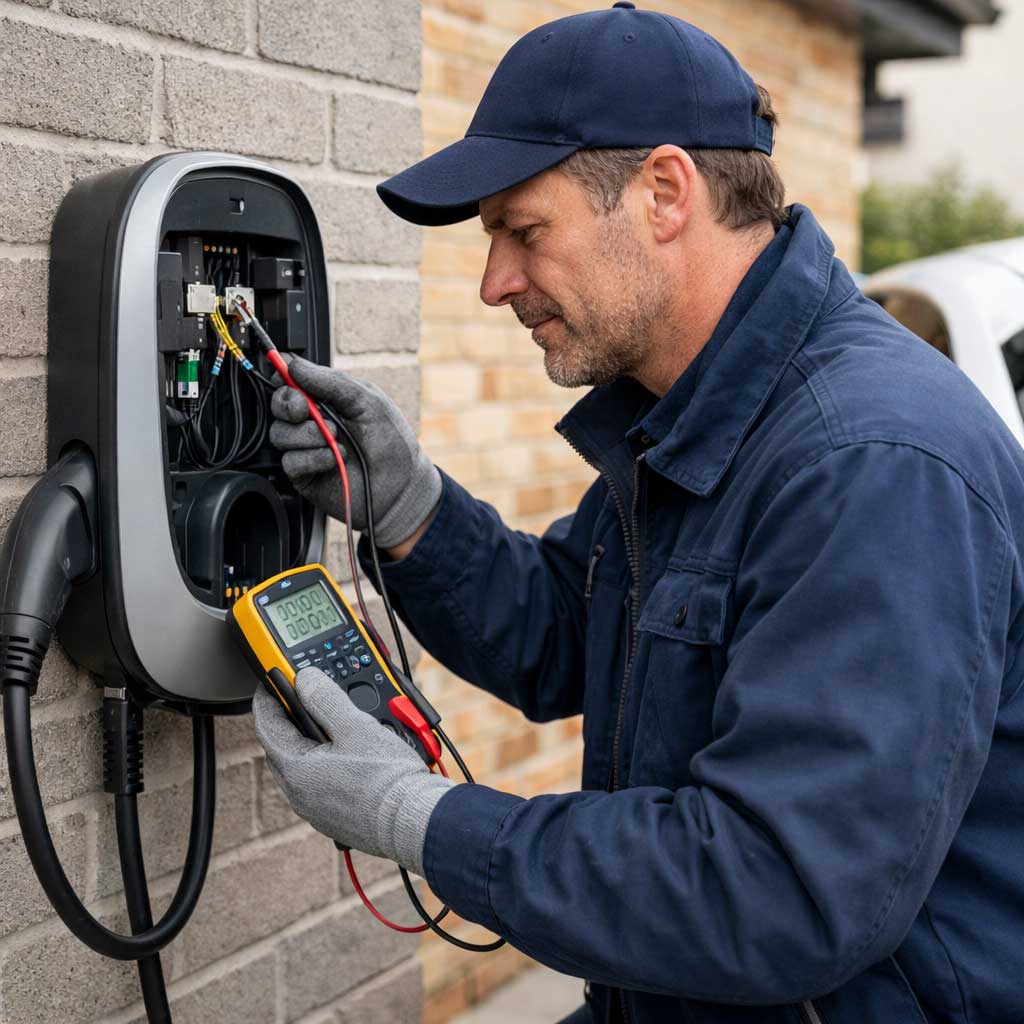 Electrician servicing an EV charger installation, using a multimeter to check connections, with a focus on safety and compliance in a residential setting.