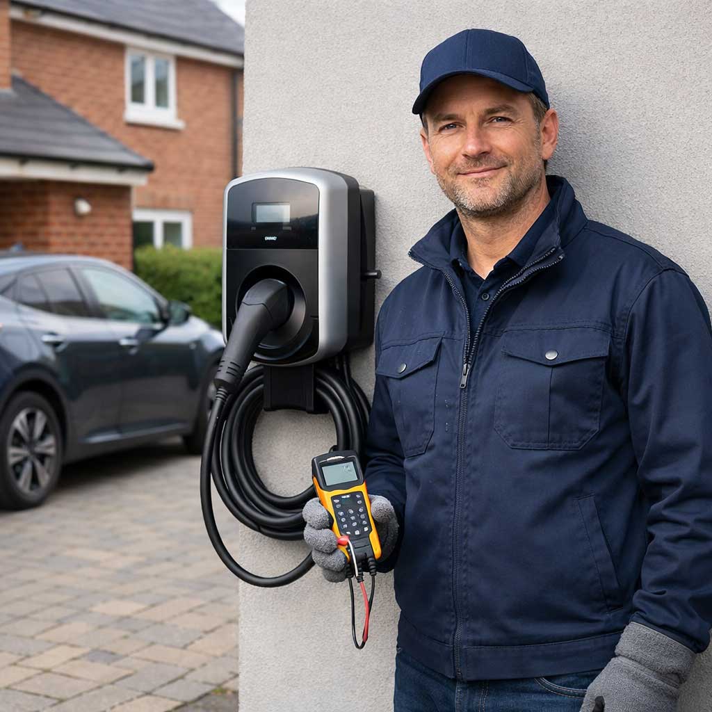 Electrician in a blue jacket holding a testing device next to a newly installed EV charger on a residential wall, with a parked electric vehicle visible in the background, showcasing professional EV charger installation services by DB Electrical Services in Berkshire.