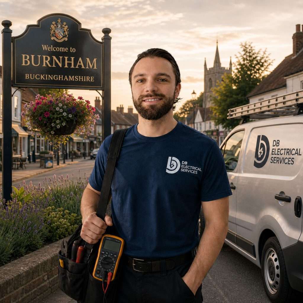 dominic-barao-qualified-electrician-serving-burnham Local electrician Dominic Barao from DB Electrical Services standing in front of Burnham welcome sign, holding a multimeter, with service van in the background.