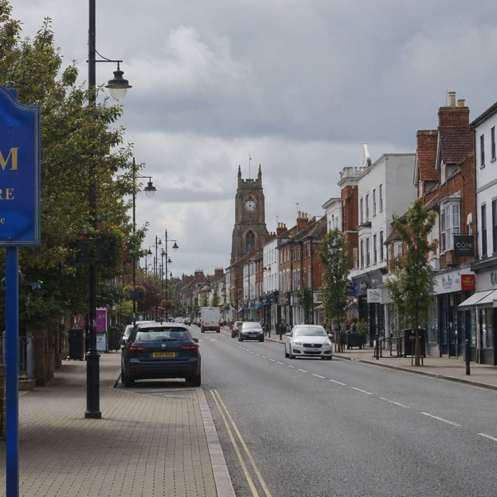 Burnham street scene with church and local businesses, DB Electrical Services area.