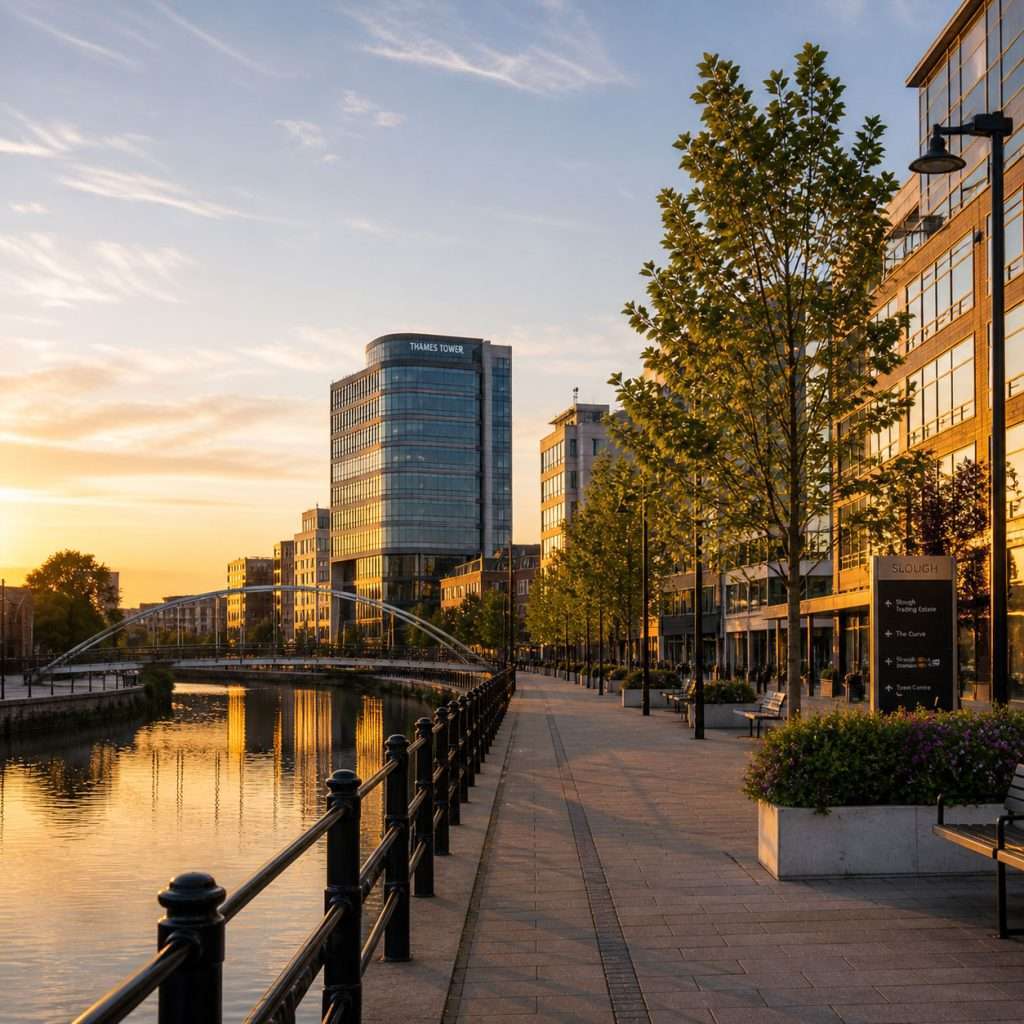Modern urban landscape of Slough featuring Thames Tower, waterfront reflections, and tree-lined promenade at sunset, showcasing the area's blend of commercial and residential spaces.