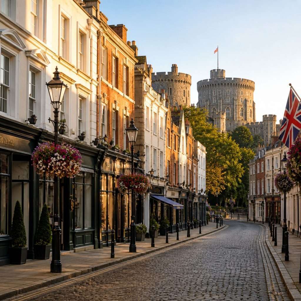 Windsor street scene with historic buildings, hanging flower baskets, and Windsor Castle in the background, showcasing the town's charm and character.
